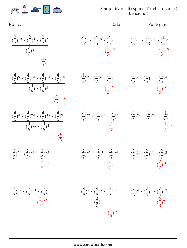 Semplificare gli esponenti delle frazioni ( Divisione ) Fogli di lavoro di matematica 5 Domanda, Risposta