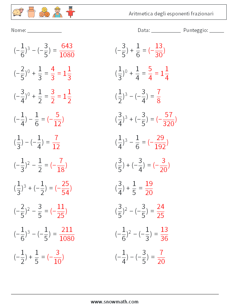 Aritmetica degli esponenti frazionari Fogli di lavoro di matematica 1 Domanda, Risposta