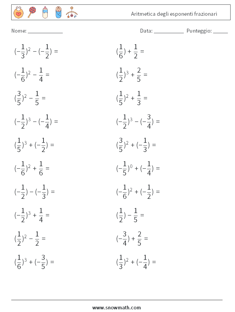 Aritmetica degli esponenti frazionari Fogli di lavoro di matematica 3