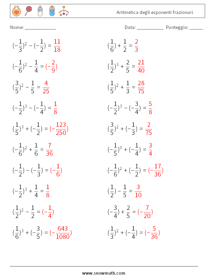 Aritmetica degli esponenti frazionari Fogli di lavoro di matematica 3 Domanda, Risposta