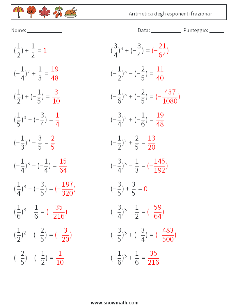 Aritmetica degli esponenti frazionari Fogli di lavoro di matematica 4 Domanda, Risposta