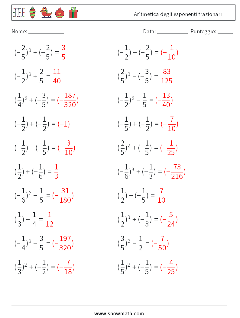 Aritmetica degli esponenti frazionari Fogli di lavoro di matematica 5 Domanda, Risposta