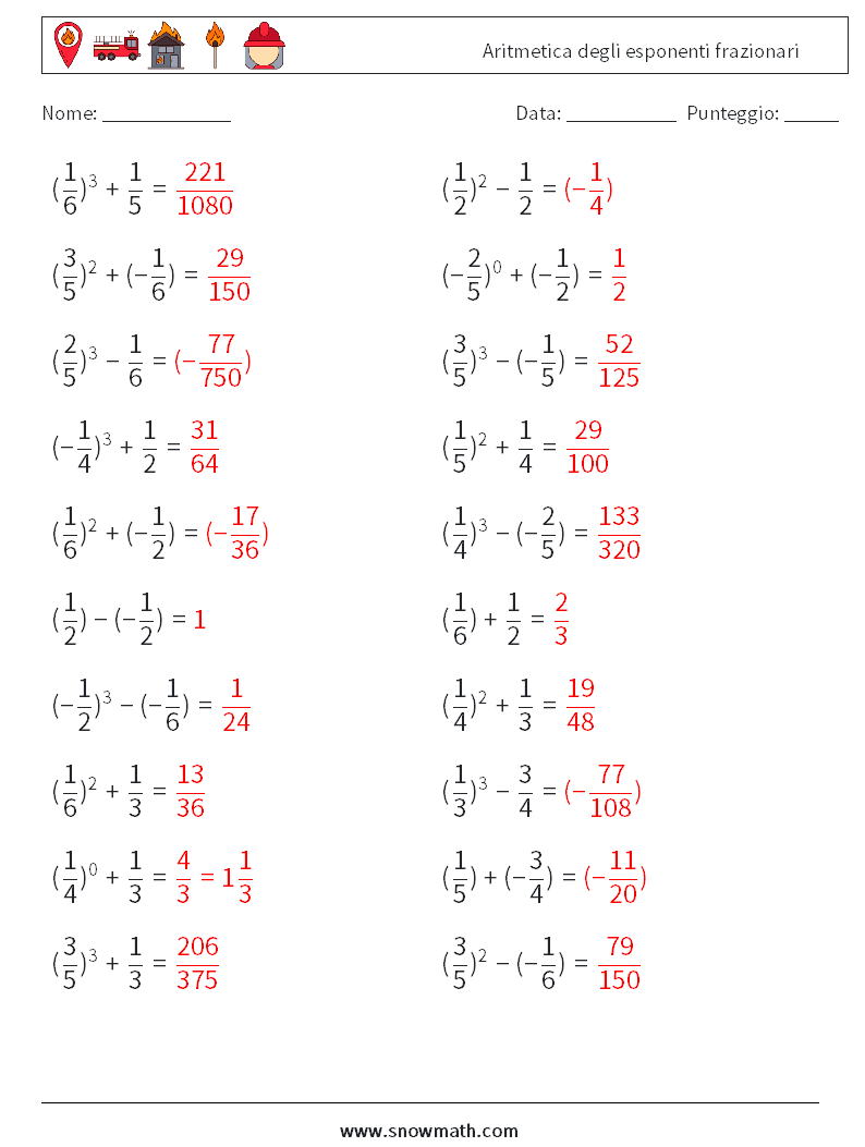 Aritmetica degli esponenti frazionari Fogli di lavoro di matematica 6 Domanda, Risposta