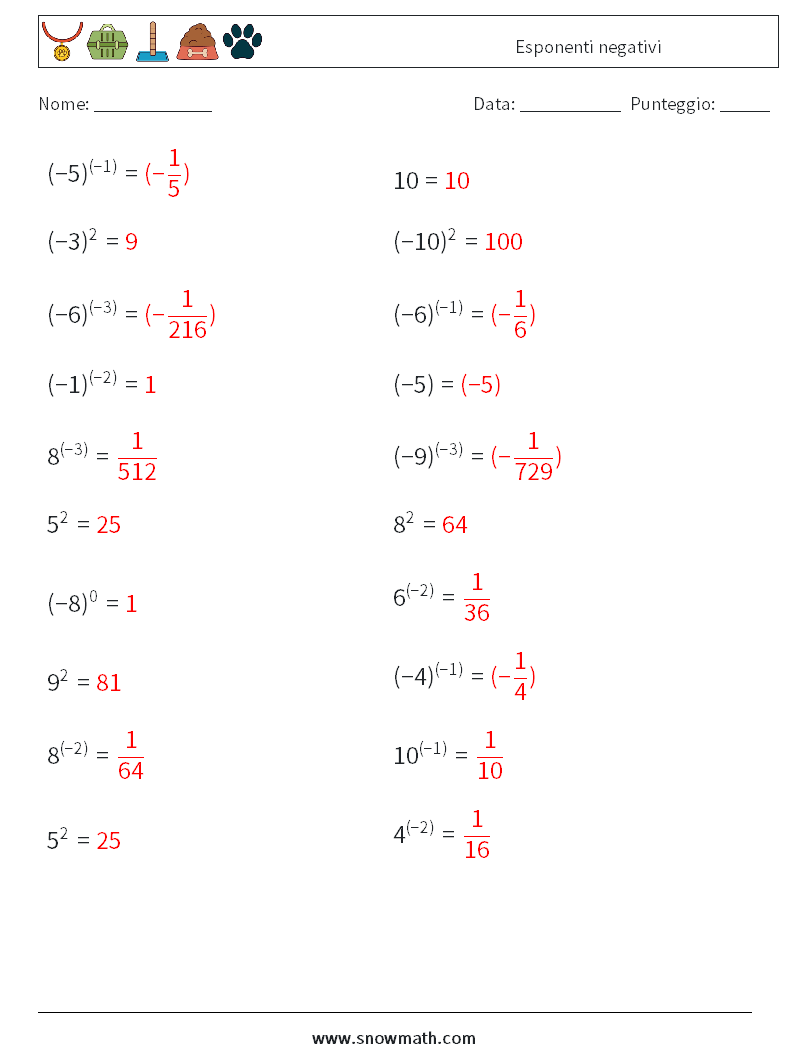  Esponenti negativi Fogli di lavoro di matematica 2 Domanda, Risposta