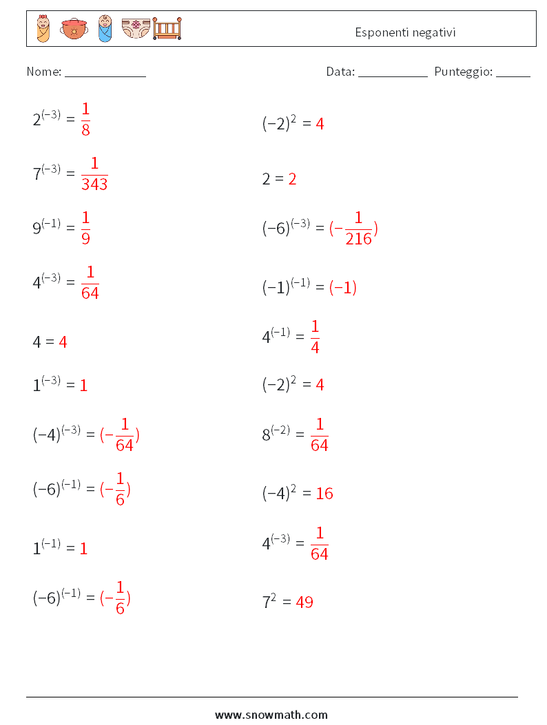  Esponenti negativi Fogli di lavoro di matematica 5 Domanda, Risposta