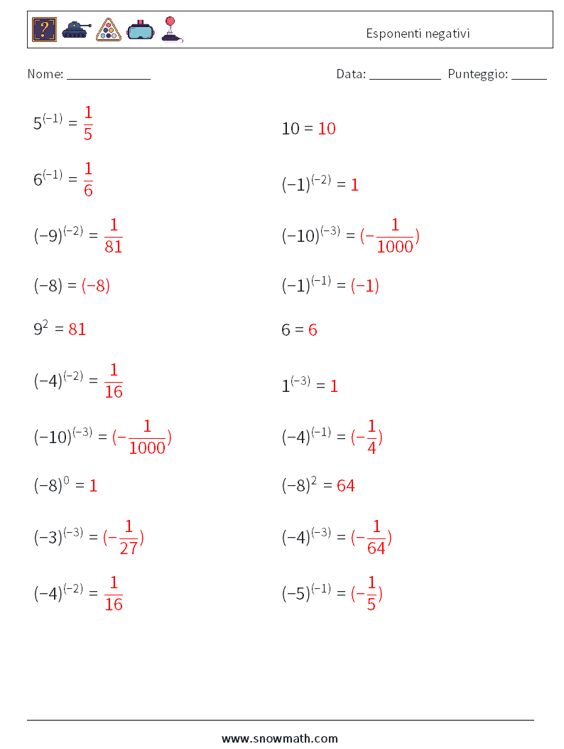  Esponenti negativi Fogli di lavoro di matematica 6 Domanda, Risposta