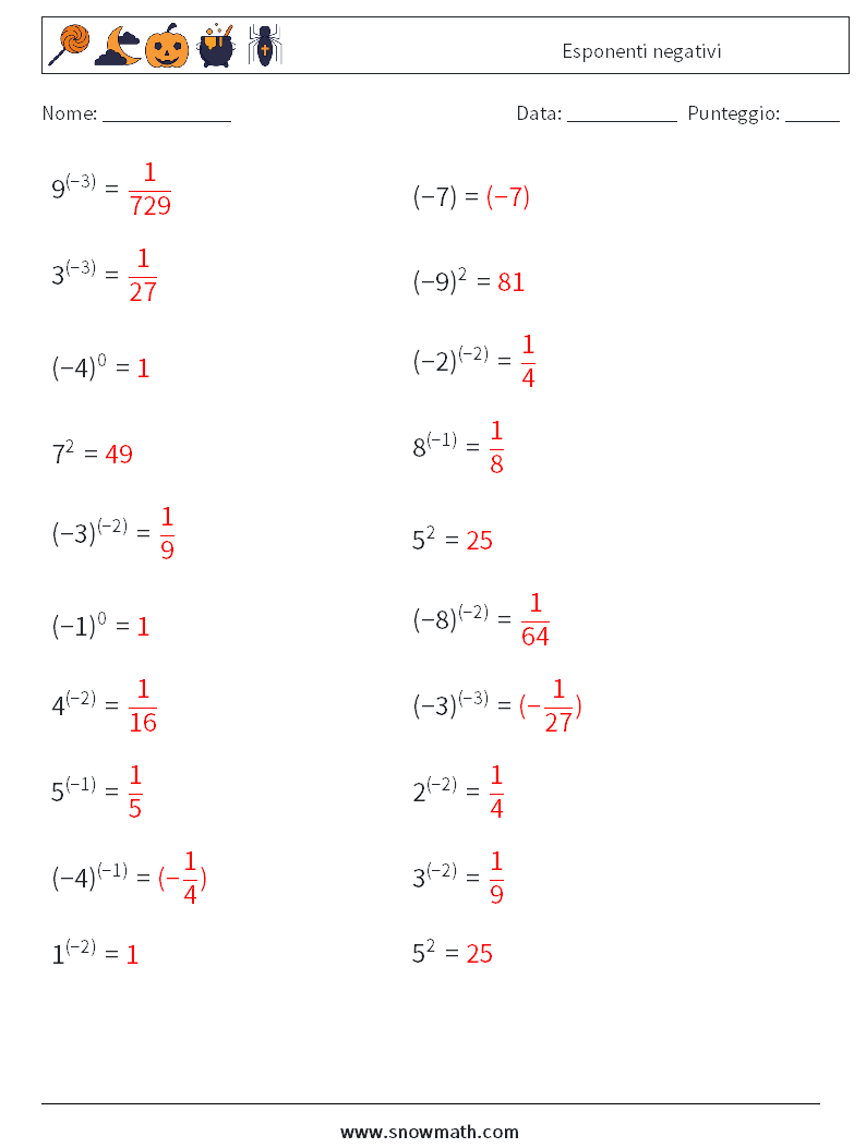  Esponenti negativi Fogli di lavoro di matematica 7 Domanda, Risposta