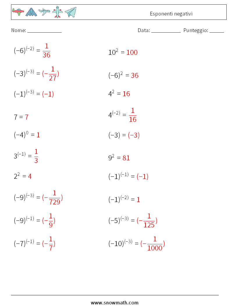  Esponenti negativi Fogli di lavoro di matematica 8 Domanda, Risposta