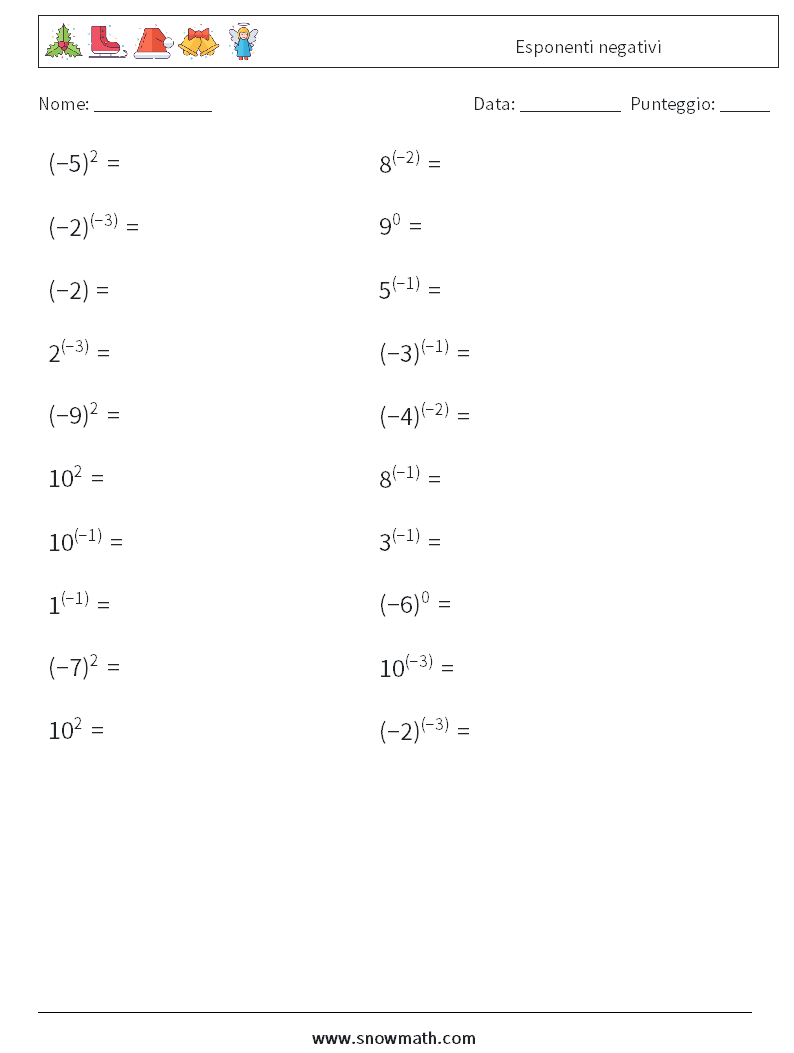  Esponenti negativi Fogli di lavoro di matematica 9