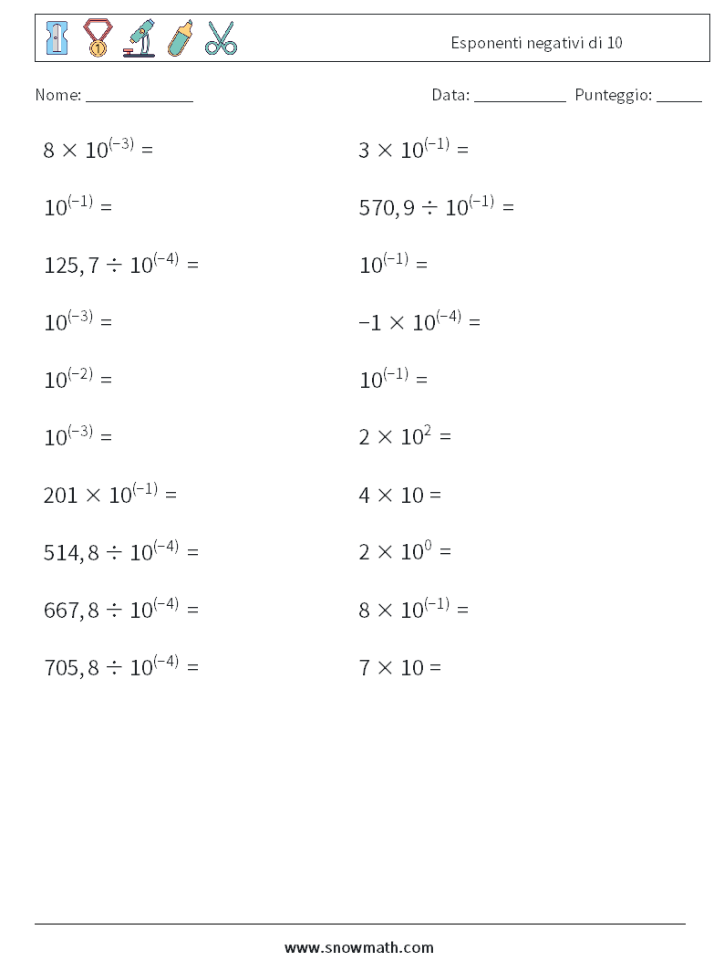 Esponenti negativi di 10 Fogli di lavoro di matematica 2