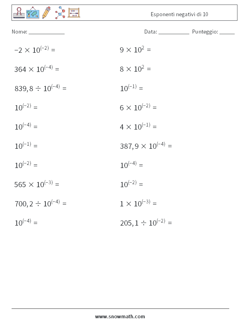 Esponenti negativi di 10 Fogli di lavoro di matematica 3