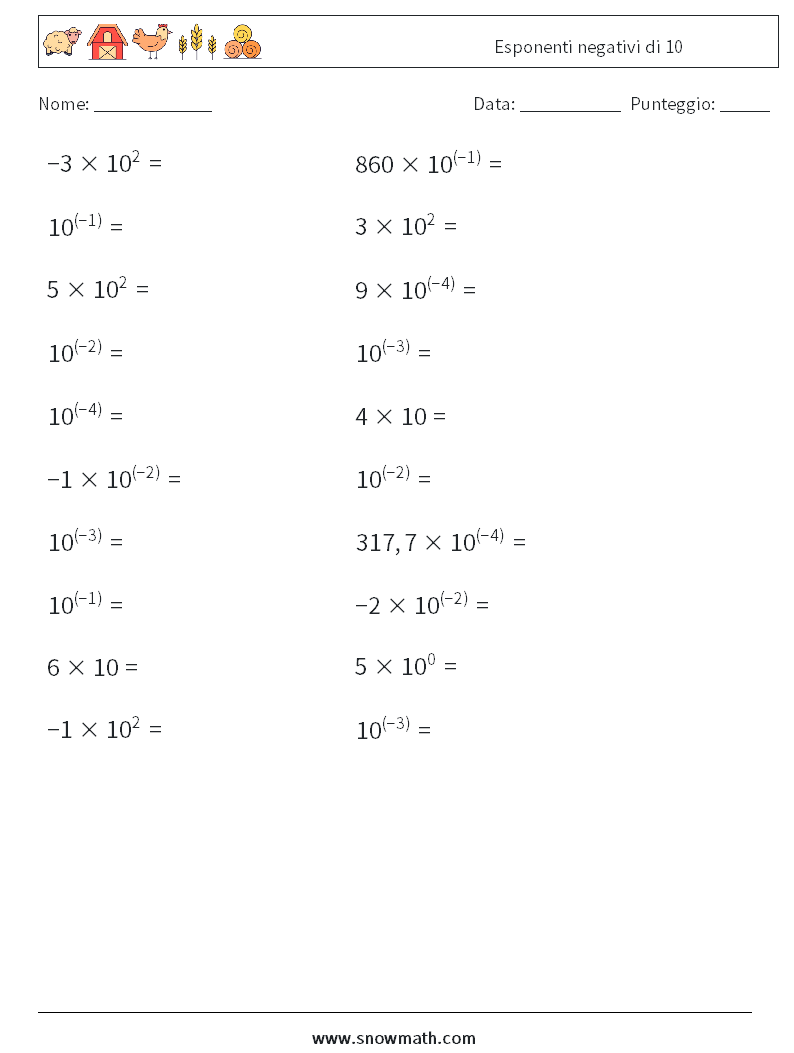 Esponenti negativi di 10 Fogli di lavoro di matematica 4