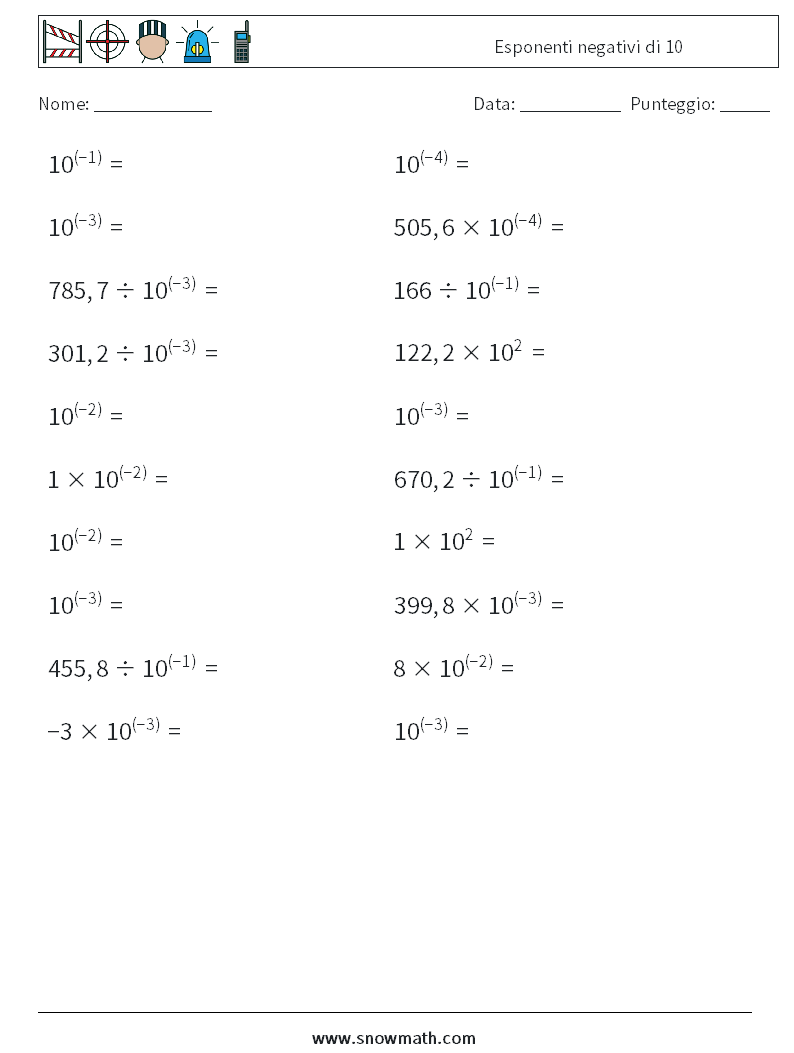 Esponenti negativi di 10 Fogli di lavoro di matematica 5
