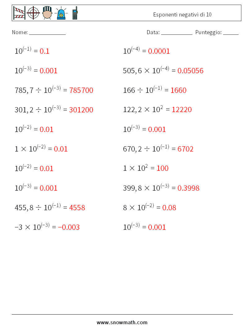 Esponenti negativi di 10 Fogli di lavoro di matematica 5 Domanda, Risposta