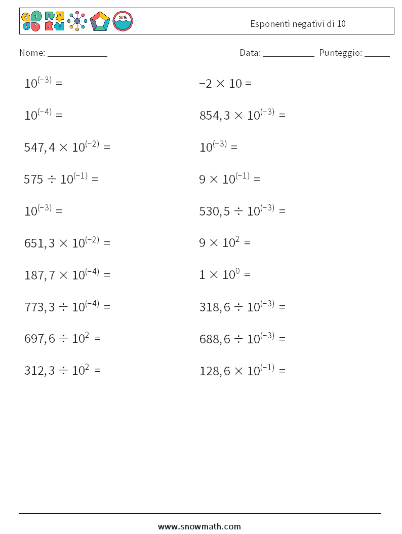 Esponenti negativi di 10 Fogli di lavoro di matematica 6