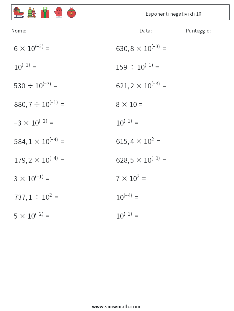 Esponenti negativi di 10 Fogli di lavoro di matematica 7