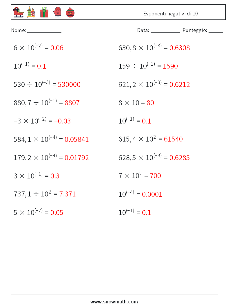 Esponenti negativi di 10 Fogli di lavoro di matematica 7 Domanda, Risposta