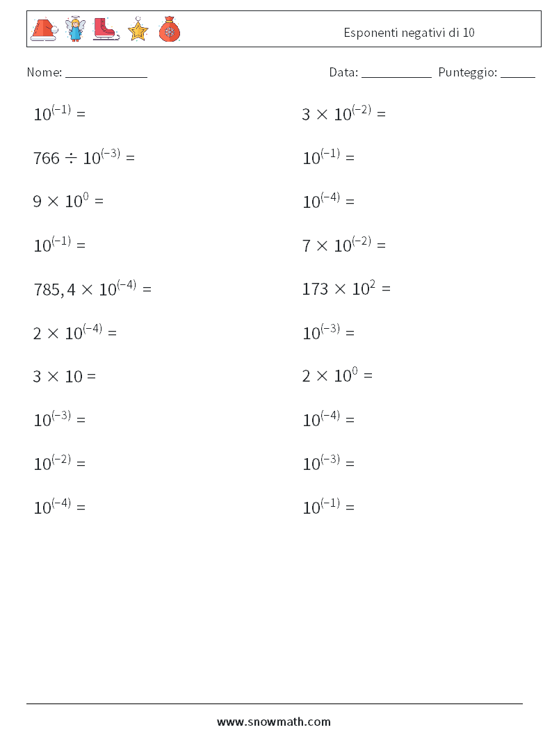 Esponenti negativi di 10 Fogli di lavoro di matematica 8