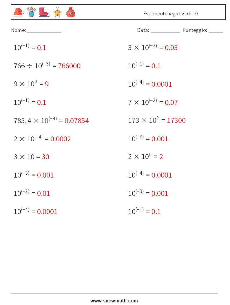 Esponenti negativi di 10 Fogli di lavoro di matematica 8 Domanda, Risposta