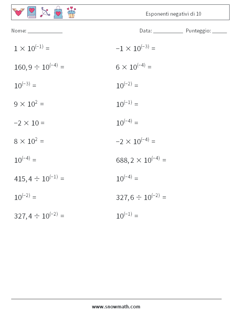 Esponenti negativi di 10 Fogli di lavoro di matematica 9