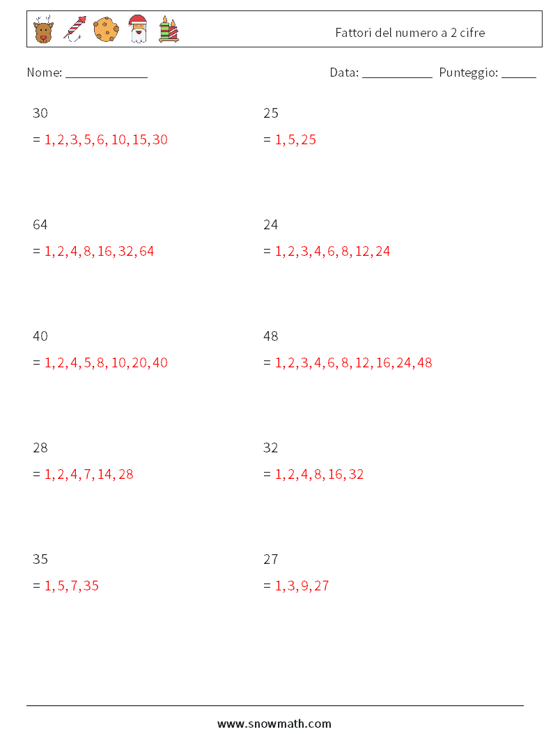 Fattori del numero a 2 cifre Fogli di lavoro di matematica 3 Domanda, Risposta
