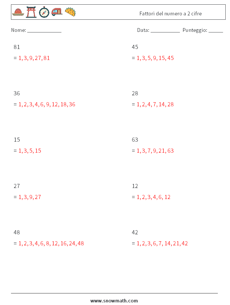 Fattori del numero a 2 cifre Fogli di lavoro di matematica 8 Domanda, Risposta