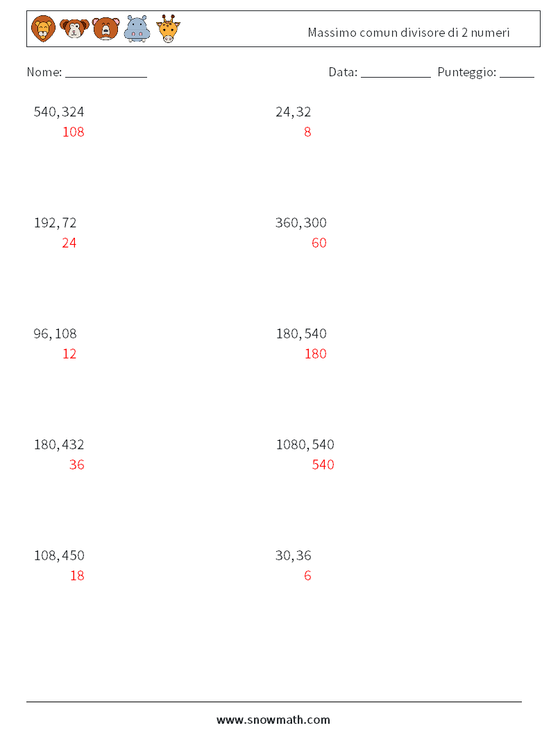 Massimo comun divisore di 2 numeri Fogli di lavoro di matematica 1 Domanda, Risposta