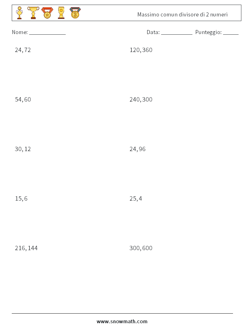 Massimo comun divisore di 2 numeri Fogli di lavoro di matematica 2