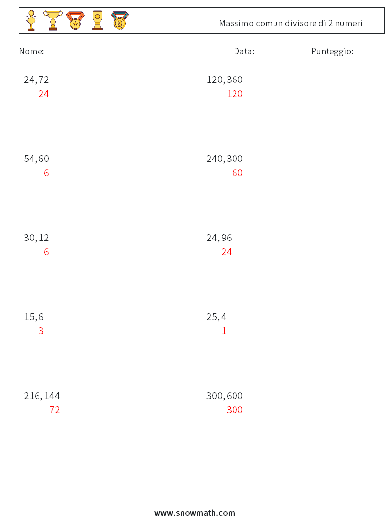 Massimo comun divisore di 2 numeri Fogli di lavoro di matematica 2 Domanda, Risposta