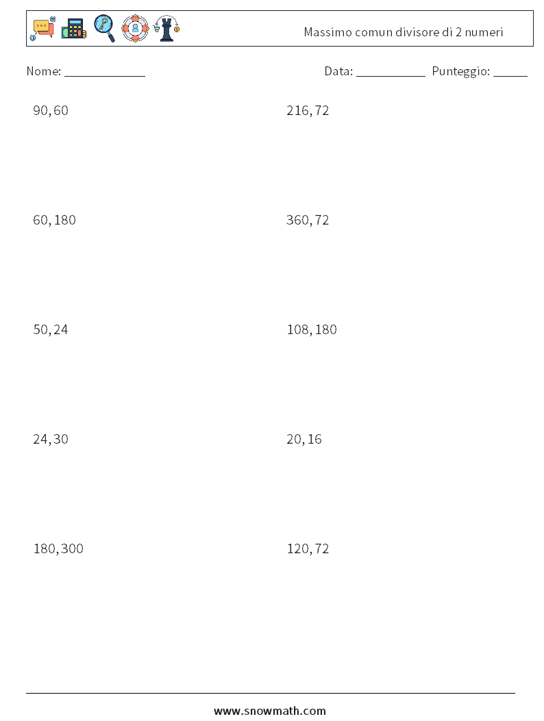 Massimo comun divisore di 2 numeri Fogli di lavoro di matematica 5
