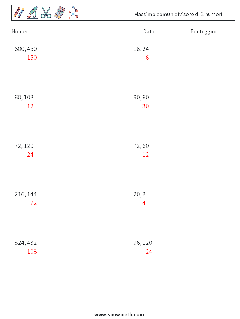 Massimo comun divisore di 2 numeri Fogli di lavoro di matematica 7 Domanda, Risposta