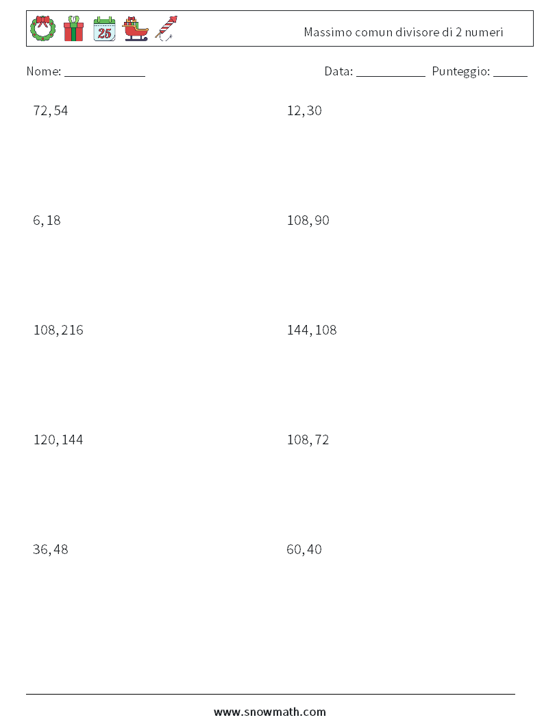 Massimo comun divisore di 2 numeri Fogli di lavoro di matematica 8