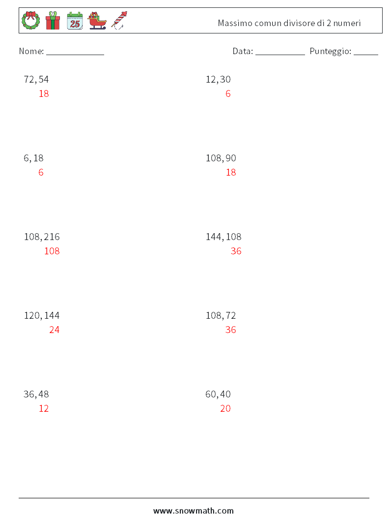 Massimo comun divisore di 2 numeri Fogli di lavoro di matematica 8 Domanda, Risposta