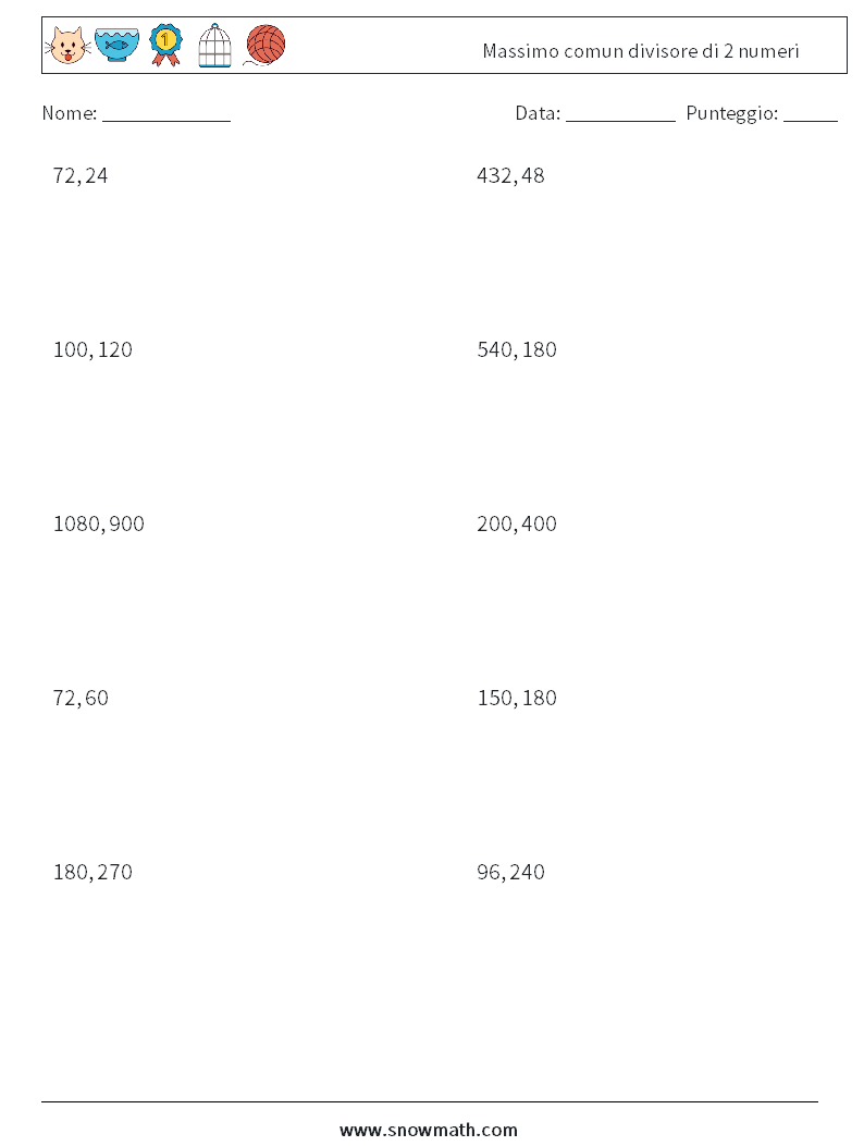 Massimo comun divisore di 2 numeri Fogli di lavoro di matematica 9