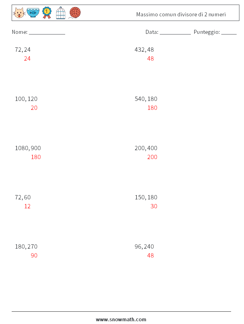 Massimo comun divisore di 2 numeri Fogli di lavoro di matematica 9 Domanda, Risposta