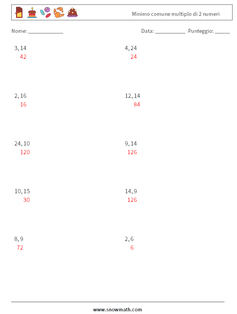Minimo comune multiplo di 2 numeri Fogli di lavoro di matematica 1 Domanda, Risposta