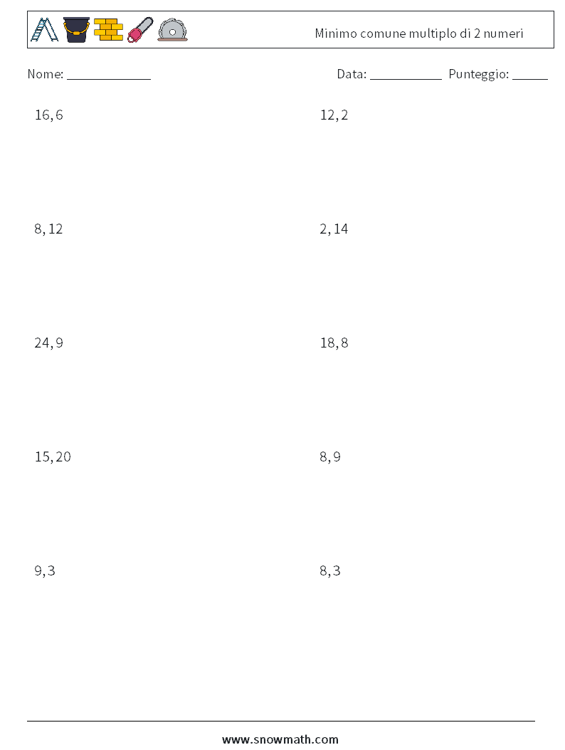 Minimo comune multiplo di 2 numeri Fogli di lavoro di matematica 2