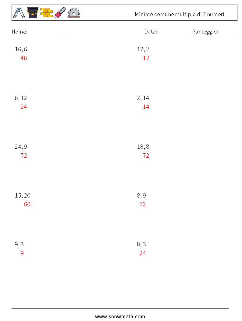 Minimo comune multiplo di 2 numeri Fogli di lavoro di matematica 2 Domanda, Risposta