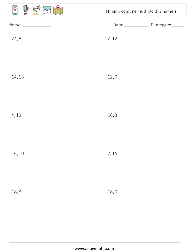 Minimo comune multiplo di 2 numeri Fogli di lavoro di matematica 3