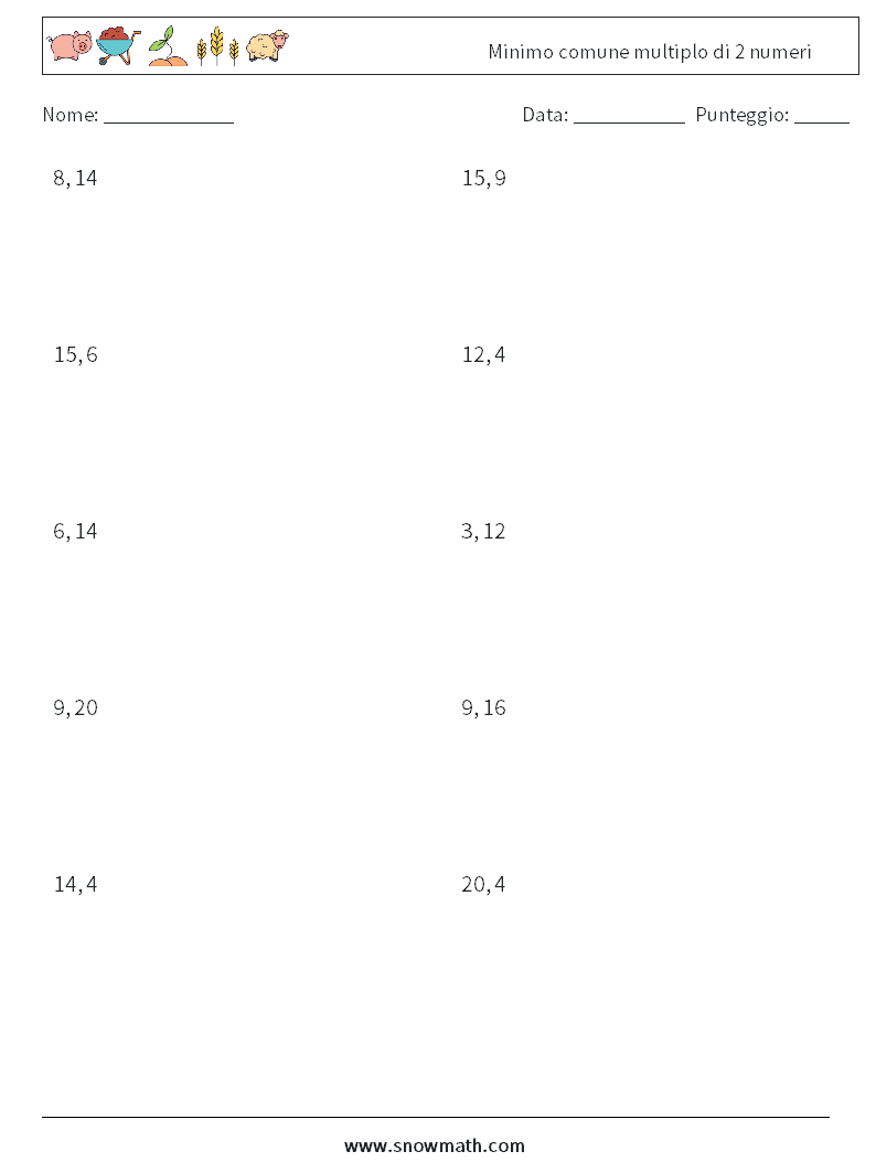 Minimo comune multiplo di 2 numeri Fogli di lavoro di matematica 4