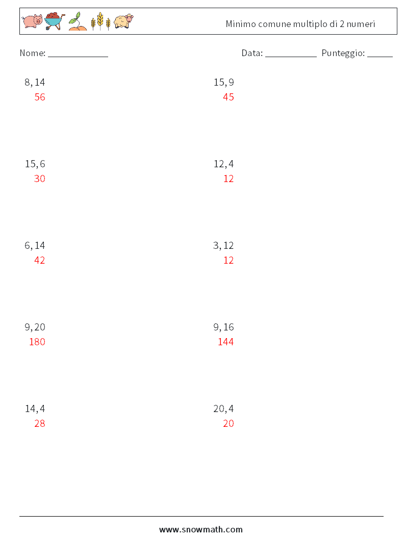 Minimo comune multiplo di 2 numeri Fogli di lavoro di matematica 4 Domanda, Risposta