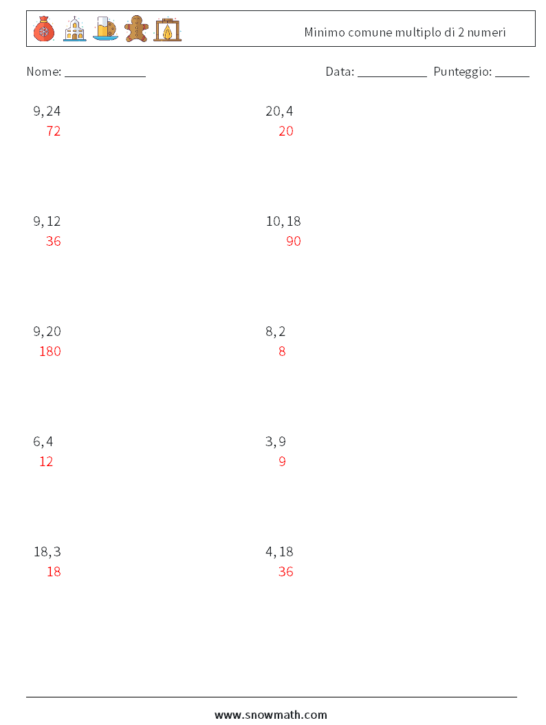 Minimo comune multiplo di 2 numeri Fogli di lavoro di matematica 5 Domanda, Risposta