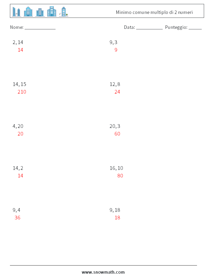 Minimo comune multiplo di 2 numeri Fogli di lavoro di matematica 6 Domanda, Risposta