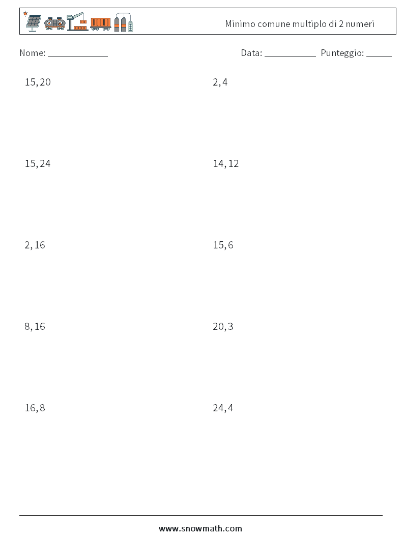Minimo comune multiplo di 2 numeri Fogli di lavoro di matematica 7