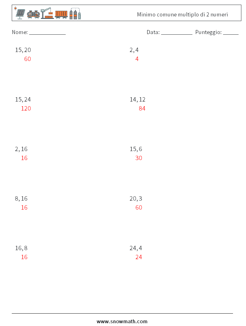 Minimo comune multiplo di 2 numeri Fogli di lavoro di matematica 7 Domanda, Risposta