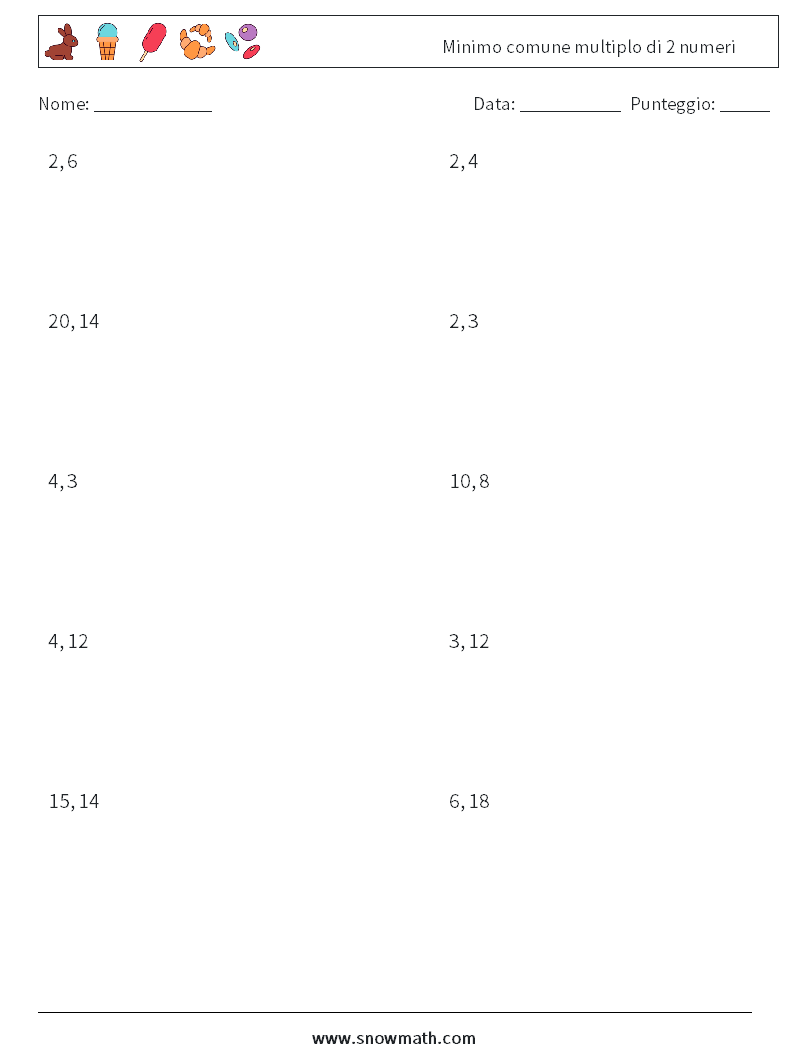 Minimo comune multiplo di 2 numeri Fogli di lavoro di matematica 8