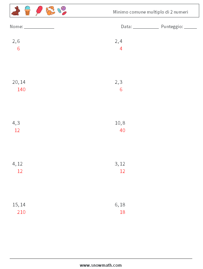 Minimo comune multiplo di 2 numeri Fogli di lavoro di matematica 8 Domanda, Risposta