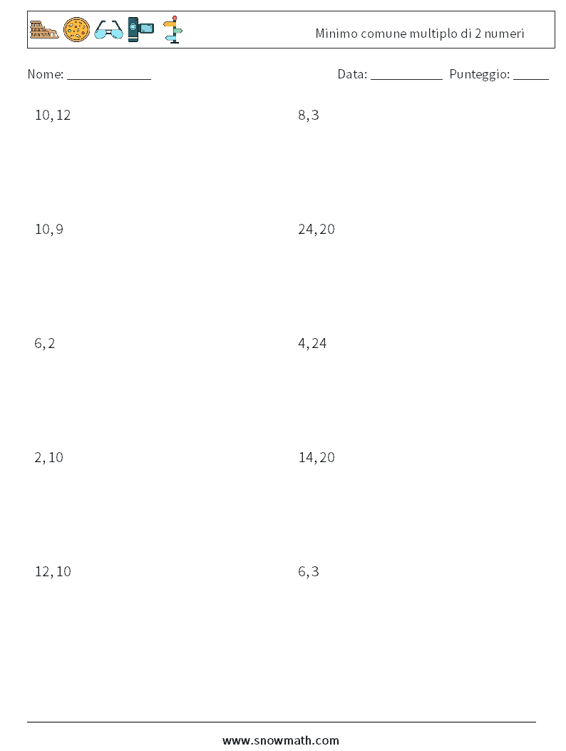 Minimo comune multiplo di 2 numeri Fogli di lavoro di matematica 9