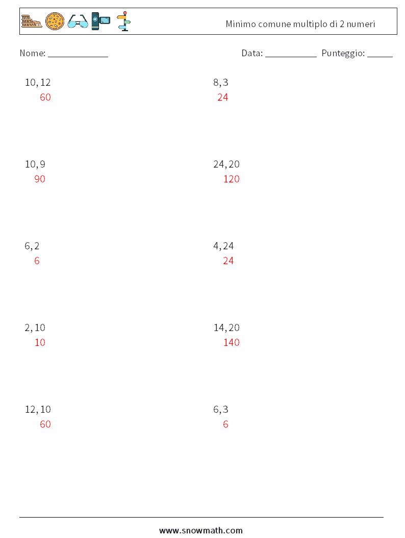 Minimo comune multiplo di 2 numeri Fogli di lavoro di matematica 9 Domanda, Risposta