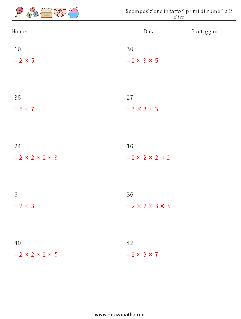 Scomposizione in fattori primi di numeri a 2 cifre Fogli di lavoro di matematica 1 Domanda, Risposta